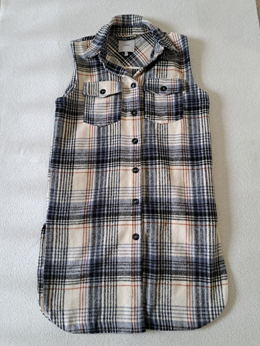 ICHI Plaid Sleeveless Longline Coat Vest Cream Black Rust Size 36 Plaid Fall